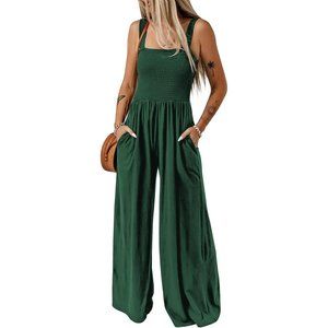 Womens Sleeveless Jumpsuits Smocked High Waist Backless Long Pants S-XL-Green
